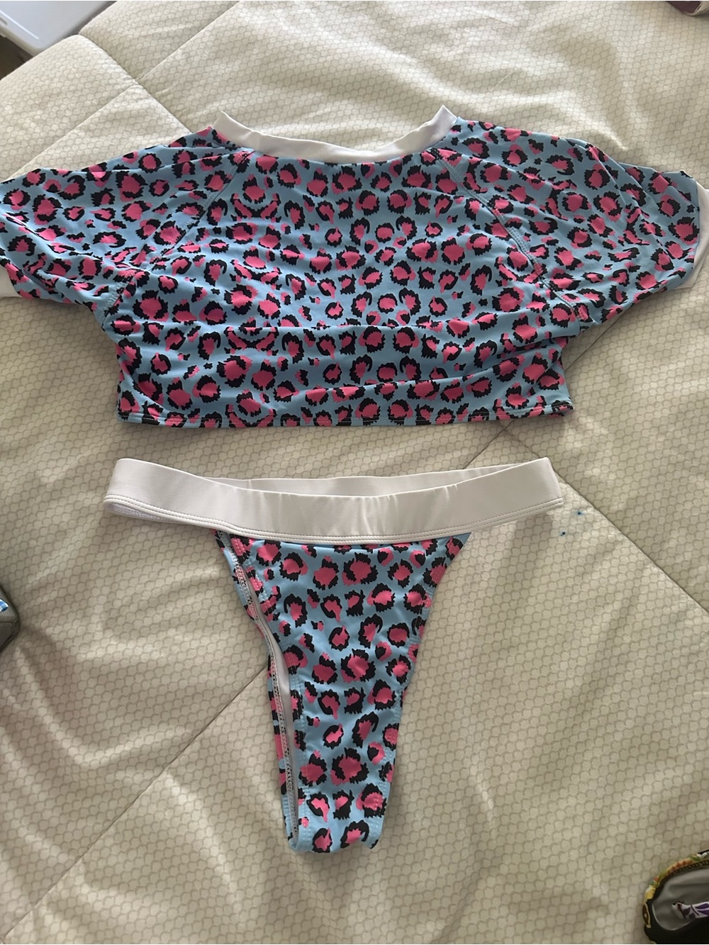 Blue & Pink Leopard Print Bikini Set - Crop Top and High Cut Bottoms